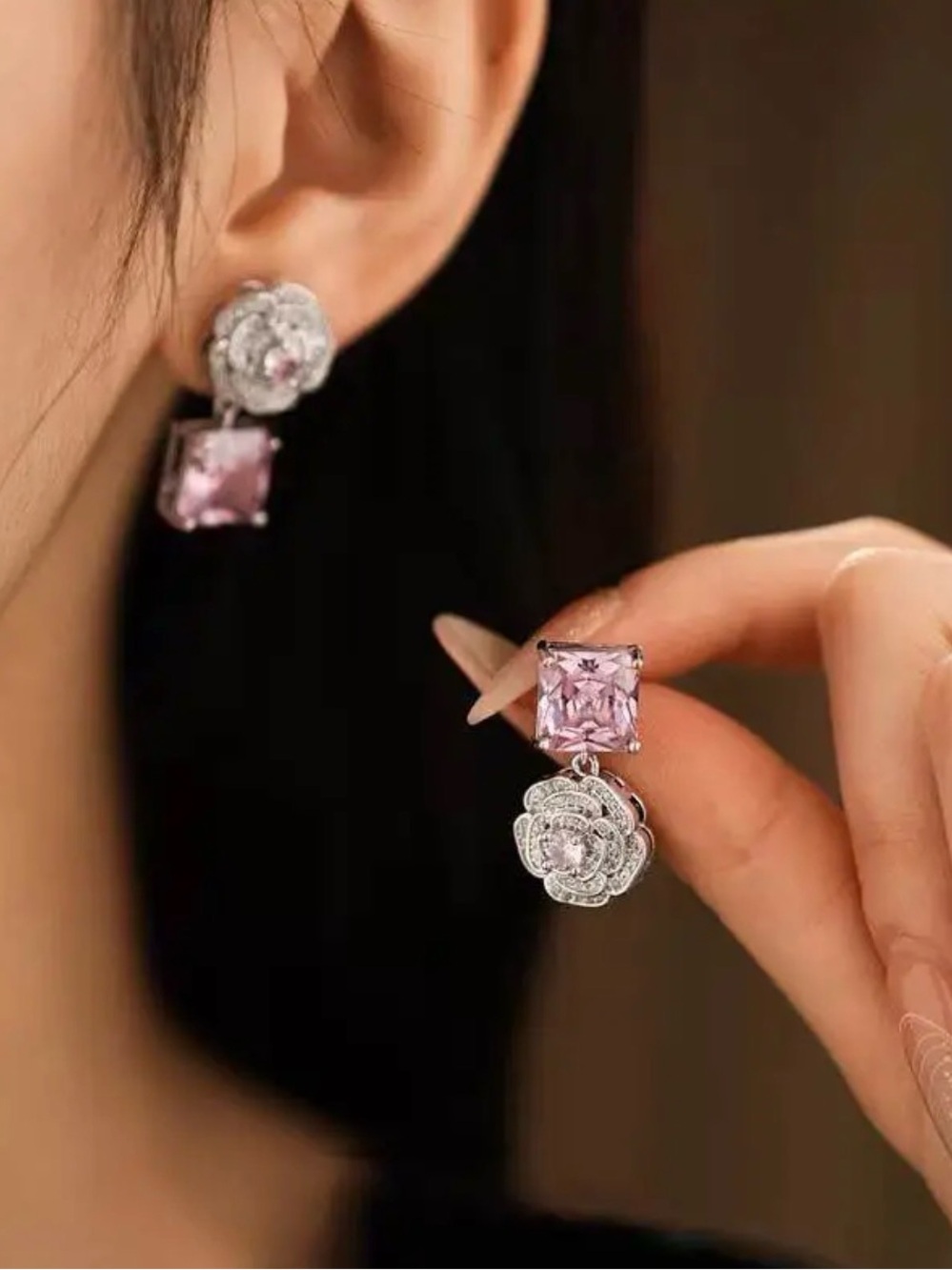 Elegant Pink Crystal Camellia Flower   Drop Earrings - Women Jewelry